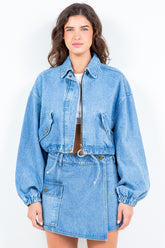 Drawstring Waist Crop Trucker Denim Jacket American Bazi Blue S